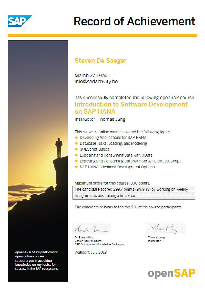 Sedacrivity - openSAP HANA XS – Record of Achievement