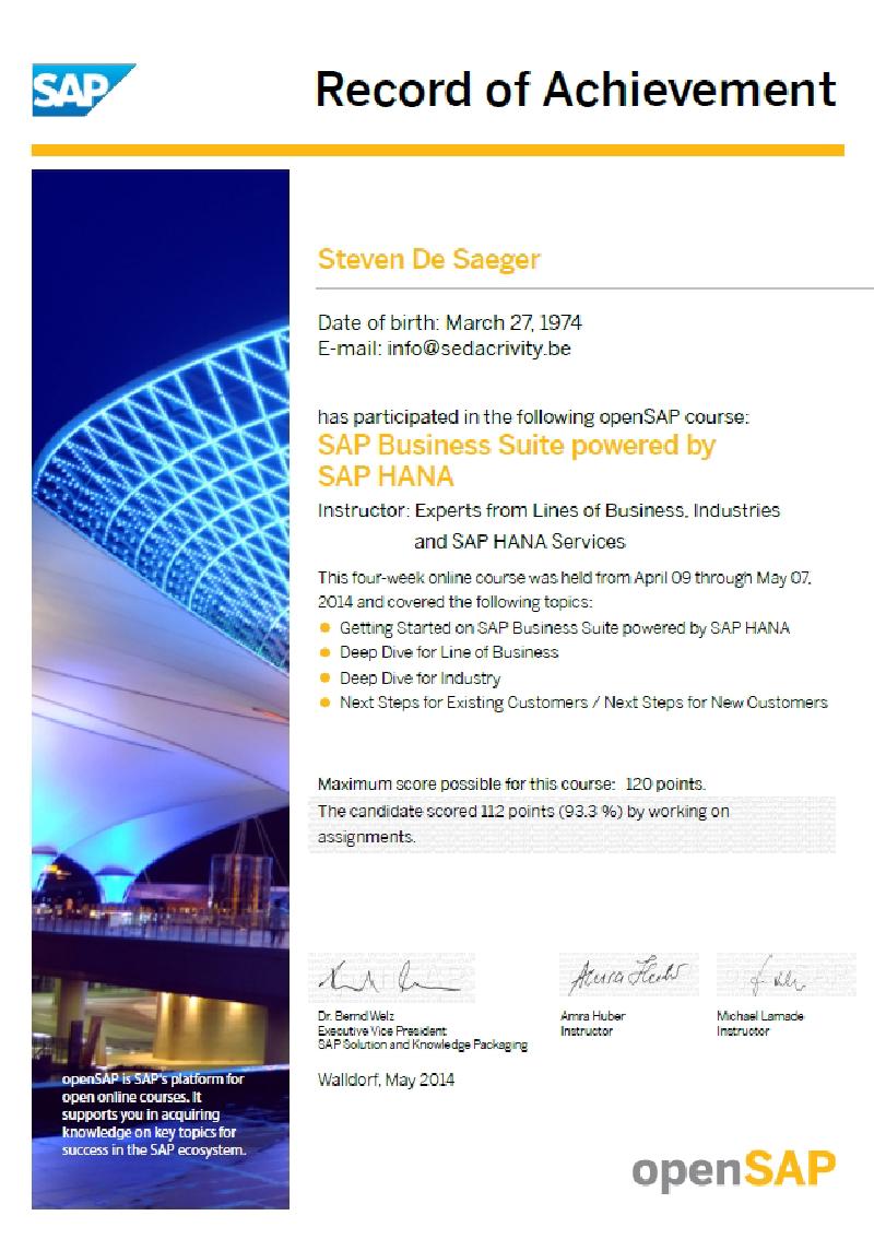 Sedacrivity - openSAP SAP Business Suite Powered by SAP HANA – Record of Achievement