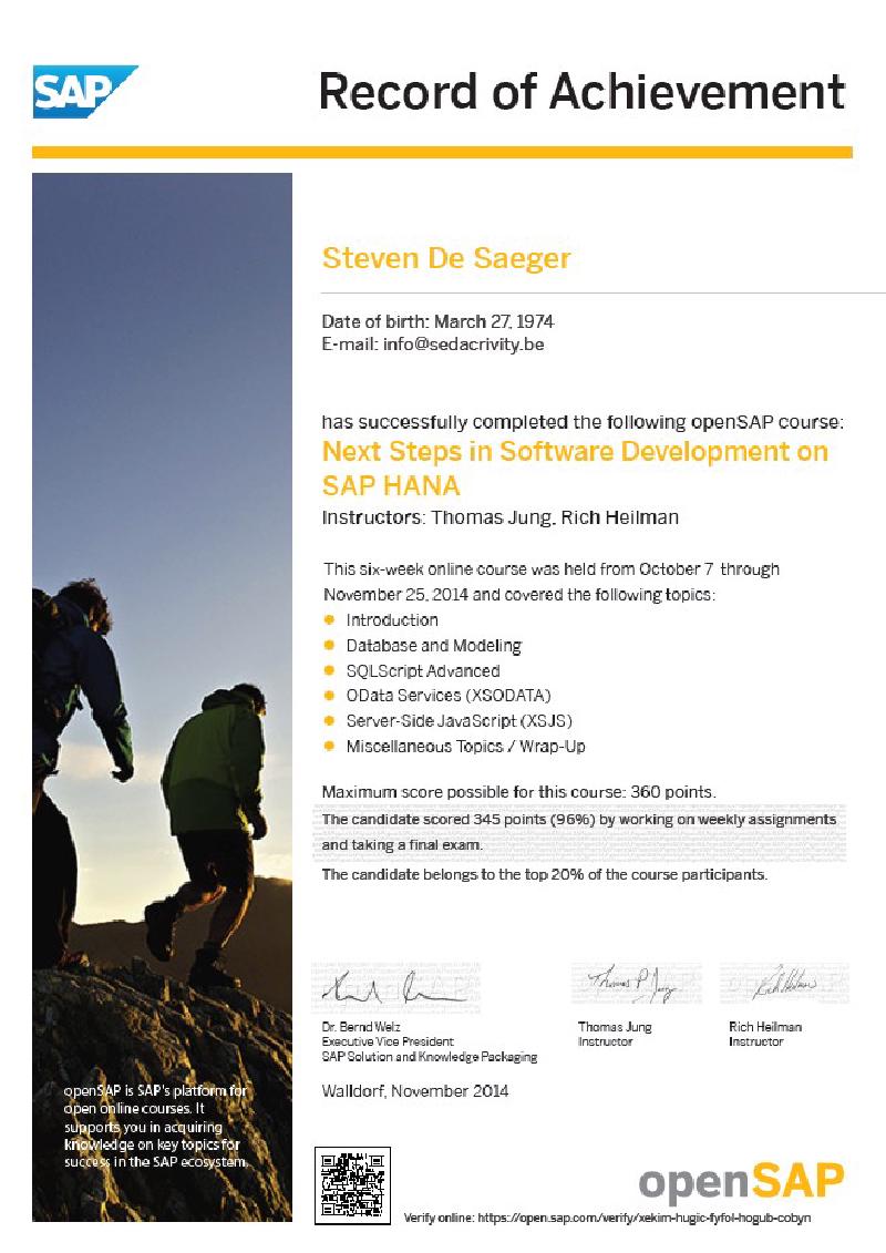 Sedacrivity - openSAP Next Steps in Software Development on SAP HANA – Record of Achievement