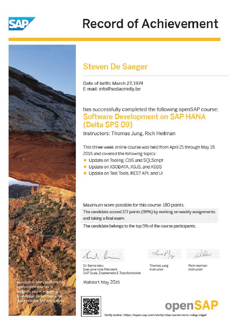 Sedacrivity - openSAP Software Development on SAP HANA XS Delta SPS09 – Record of Achievement