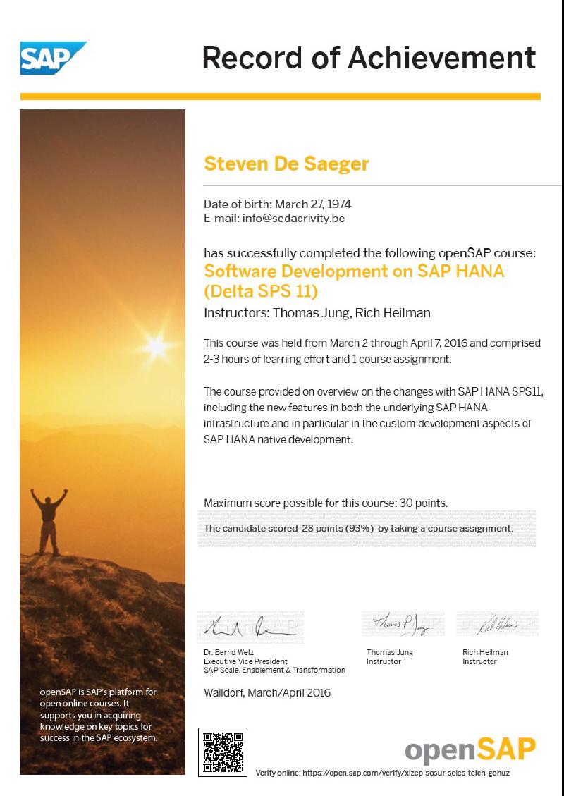 Sedacrivity - openSAP HANA XS SPS11 Record of Achievement
